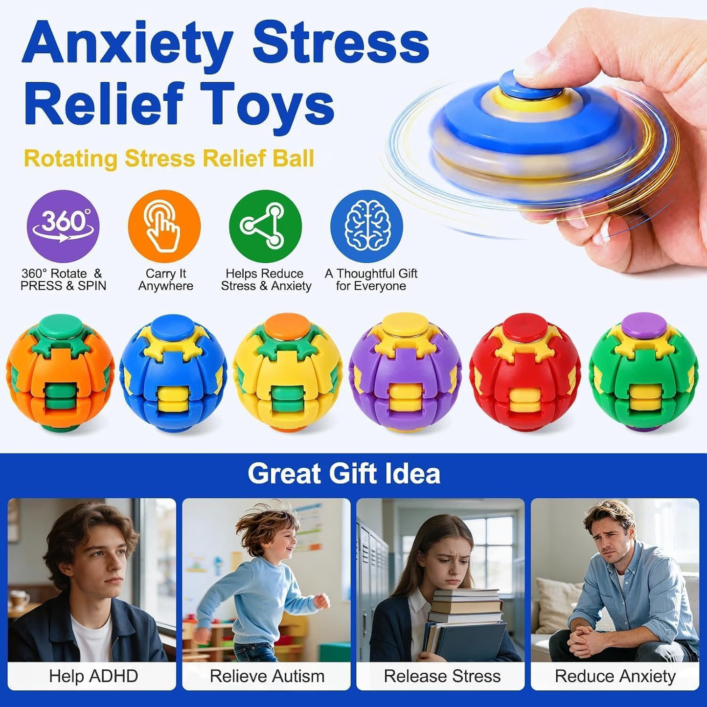 KIDLYCO Spinner Ball | Press & Spin Stress Relief Toy for Kids & Adults