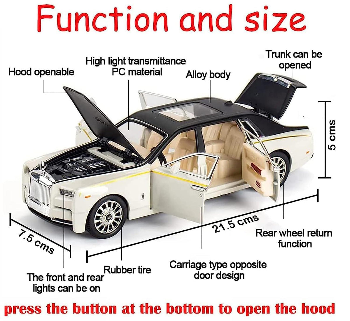 KIDLYCO Rolls Royce Regular Size 1:32 Luxury Die-Cast Car with Pull Back, Lights & Sound