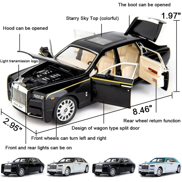 KIDLYCO Rolls Royce Large Size 1:24 Luxury Die-Cast Car with Pull Back, Lights & Sound